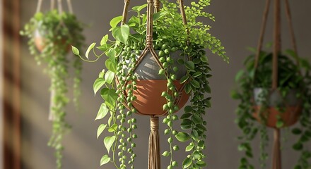 Hanging plants in natural light create a calming indoor atmosphere.