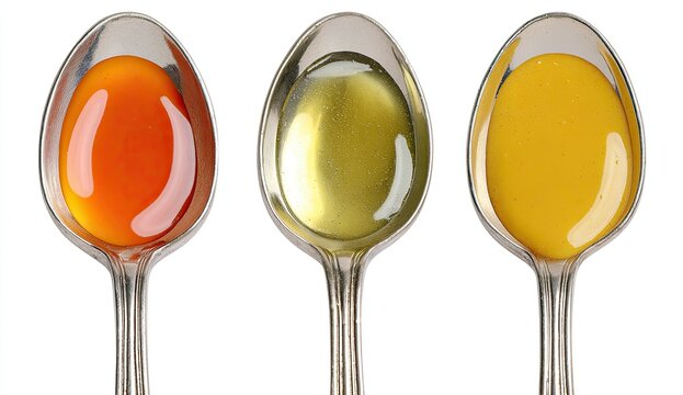 Three spoons filled with liquids of different colors