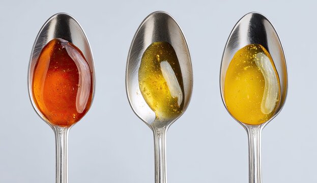 Three spoons holding different honey types