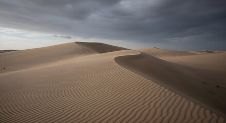 Golden desert sand dunes landscape under dramatic light on the horizon