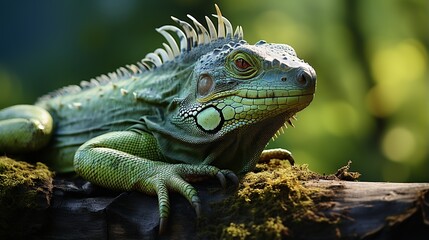 Fototapeta premium Close-up portrait of a green iguana basking on a moss-covered branch in a lush, green jungle environment