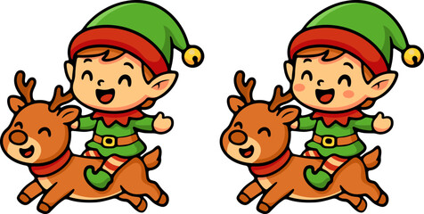 Fototapeta premium Joyful elf riding reindeer magical winter wonderland cute cartoon scene playful festive environment whimsical viewpoint