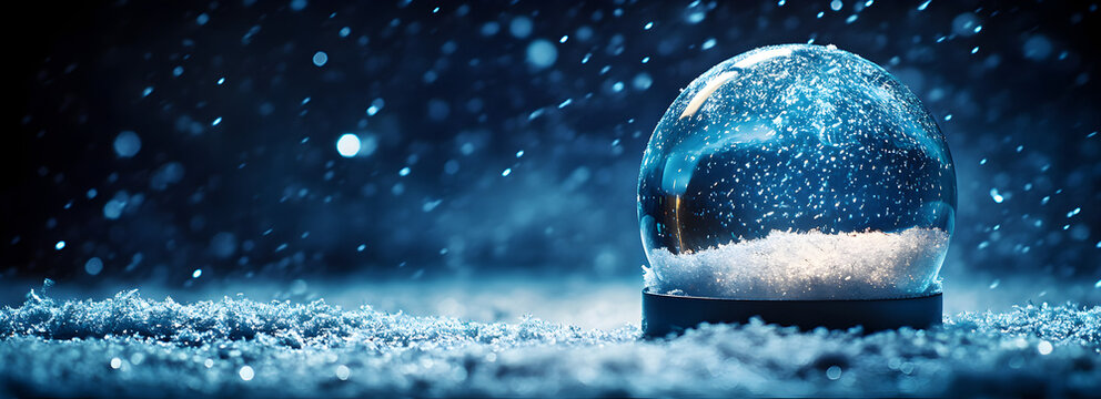 A snow globe on the ground with snow falling around it, against a dark blue background. - Powered by Adobe