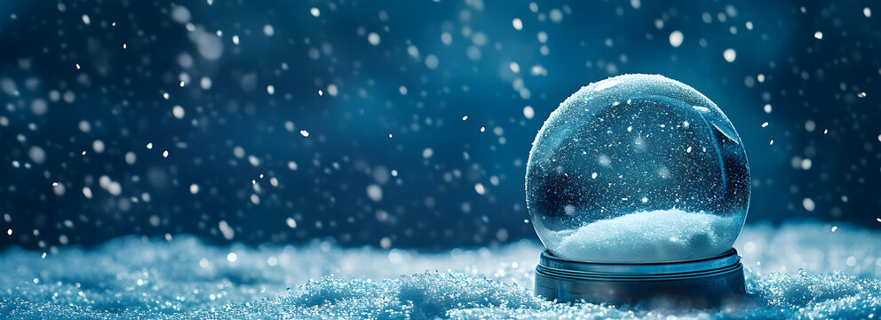 A snow globe on the ground with snow falling around it, against a dark blue background. - Powered by Adobe