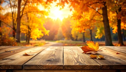 Wooden table with autumn leaves and sunlit forest