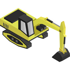 Yellow Excavator Construction Vehicle With Black Accents In A 3D Isometric Style On A Transparent Background Representing Heavy Machinery And Industrial Equipment