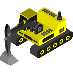 Yellow Excavator Construction Vehicle With Black Tracks And Arm In Isometric View On Transparent Background For Building And Digging Operations