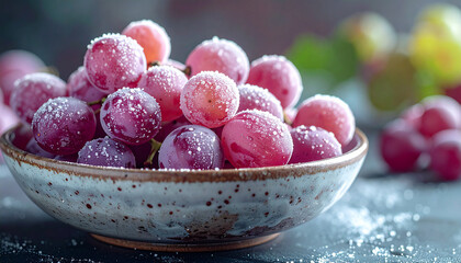 Frozen grapes in frosted bowl under soft moody light