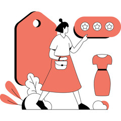 Woman With Orange Skirt Holding Star Rating Icons Next To A Price Tag And Dress In A Simple Flat Design Style With A Transparent Background