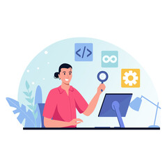 Woman Working Remotely Holding Magnifying Glass Over Computer Screen With Coding Symbols Floating Around Her In A Brightly Lit Room With Plants And Desk Lamp Illuminated