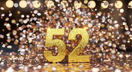Golden Number 52 Celebration with Bokeh Lights and Confetti.