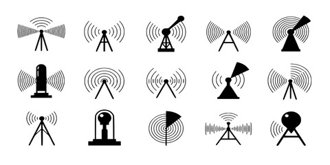 Signal radio waves icon wireless tech radar vector symbols graphic set, antenna detection sonar transmission rays, beacon acoustic sound voice locator station, transmitter frequency element image