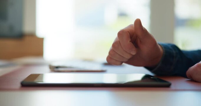 Hands, man and typing on tablet in office for article review, story editing and submission feedback. Publishing agency, editor and digital tech at for fact checking blog and proofreading publication
