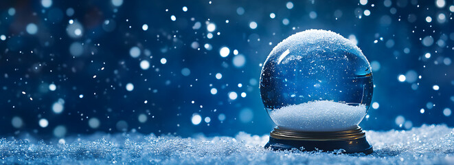 A snow globe on the ground with snow falling around it, against a dark blue background.