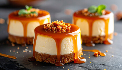 Mini cheesecakes with caramel drizzle, soft studio light, macro detail