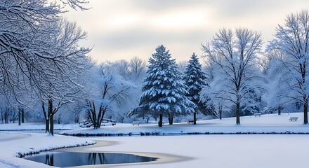 Fototapeta premium Winter Wonderland - Snow-Covered Trees and Frozen Pond Landscape.