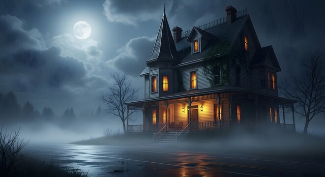 Haunted Victorian Mansion at Night with Full Moon and Fog