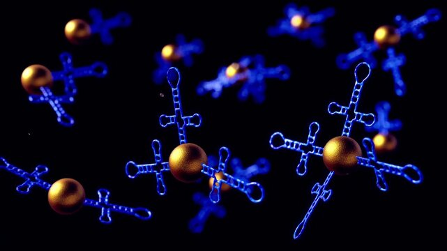 A 3d animation of a nanogold conjugated aptamer (Apt-AuNP), acts as a targeted nanobioprobe or nanomedicine agent for Biosensing and Diagnostics, and Targeted Drug Delivery