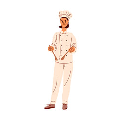 Woman cook in full growth in flat style. Woman in chef's uniform holding wooden spoon and fork in his hands. Cooking, culinary food concept