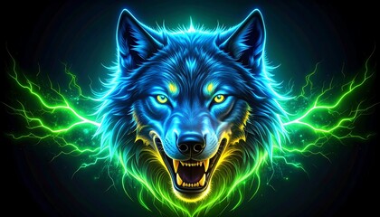 Fierce wolf head, glowing neon colors