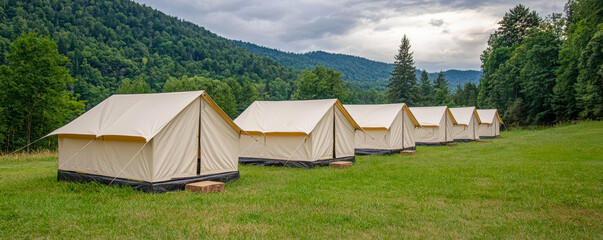 environmental conservation with forest preservation and reforestation. Eco-camp set up for tree planters working on week-long forest restoration