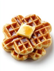 Two golden-brown waffles, stacked, topped with butter and syrup,  isolated on white