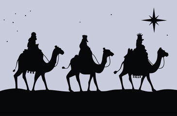 Three Wise Men Silhouette Under Starry Night Christmas Nativity Scene with Camels