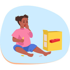 Young child playing with building blocks in a light blue circle with orange trim and a yellow toy box