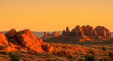 Golden Hour Sunset Illuminates Dramatic Red Rock Formations in Arid Desert Landscape