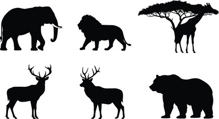 Silhouette of wild animals, elephant, lion, giraffe, deer, bear, acacia tree, wildlife, safari, jungle, forest, nature, fauna, mammal, African, North American, wilderness, outdoor, habitat