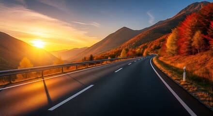Scenic Mountain Road at Sunset - A Journey Through Autumn Colors.