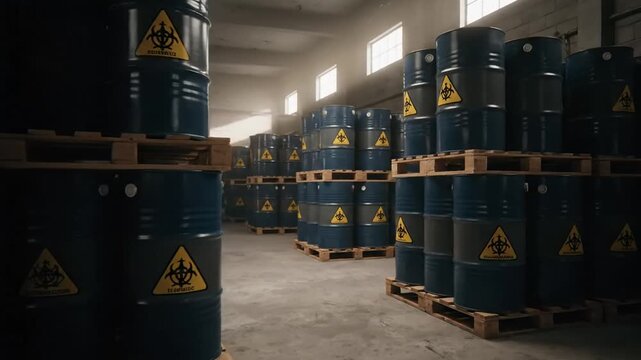 Multiple barrels of radioactive waste stacked together in industrial area highlighting environmental concerns and hazards