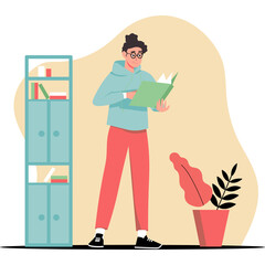 Young Adult Person Wearing Casual Hoodie and Pants Standing and Reading a Book Near a Bookshelf and a Potted Plant