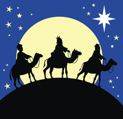Three Wise Men Silhouette Under Starry Night Christmas Nativity Scene with Camels