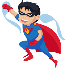 Young Boy Dressed As Superhero Flying With Red Cape And Blue Costume And Mask Smiling Enthusiastically With Flames On Chest Emblem