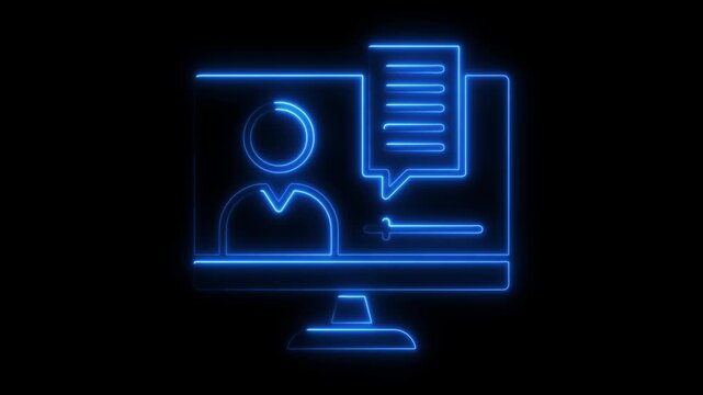 Blue neon outline of computer screen showing person icon and chat bubble monitor symbol