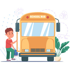 Young boy with backpack stepping onto a yellow school bus for his first day of school education concept with scattered learning symbols in the background