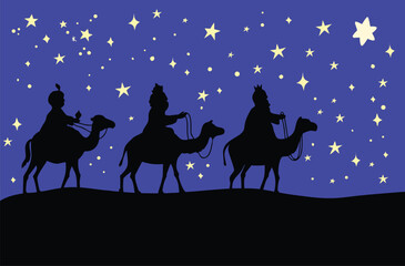 Three Wise Men Silhouette Under Starry Night Christmas Nativity Scene with Camels