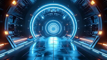 Perspective view of a futuristic science fiction tunnel with glowing blue circular lights and orange accents leading to an unknown destination - Powered by Adobe