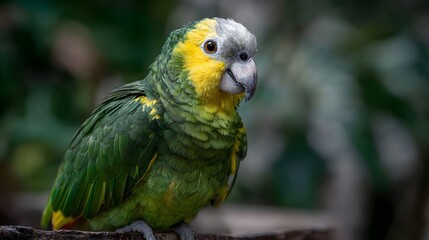 Obraz premium A vibrant green and yellow parrot with a gray head is perched on a wooden branch in a natural blurred setting
