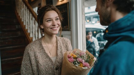 Couple enjoys a sweet moment at a cozy cafe while exchanging flowers on a rainy day in a charming city