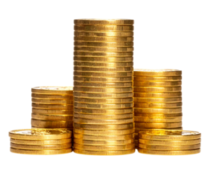 Towering Gold Coin Pile with Glowing Light from Above, Luxury Wealth Concept PNG
