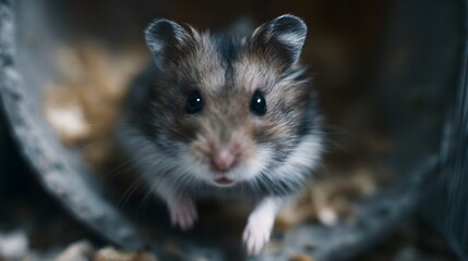 Close up portrait of a curious and fluffy Syrian hamster with alert eyes looking directly at the in its cozy bedding habitat