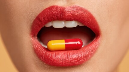 Naklejka premium Brightly colored capsule held between lips with glossy red lipstick giving a bold and striking appearance
