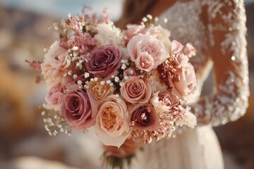 Beautiful bride holds a stunning bouquet of pink and lavender roses in a scenic outdoor setting during golden hour