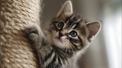 Fototapeta premium A curious tabby kitten clings to a textured sisal scratching post in soft natural indoor light