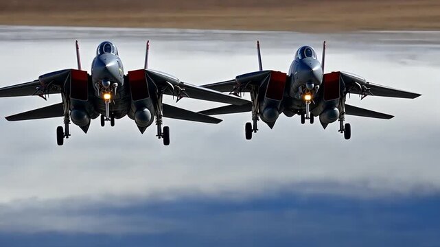 Two powerful military fighter jets with variable-sweep wings fly in perfect formation during a low-altitude maneuver over an airfield with mountains behind.