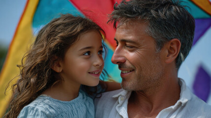 Fototapeta premium Father and daughter joyfully share a moment together while flying a colorful kite on a sunny day in the park