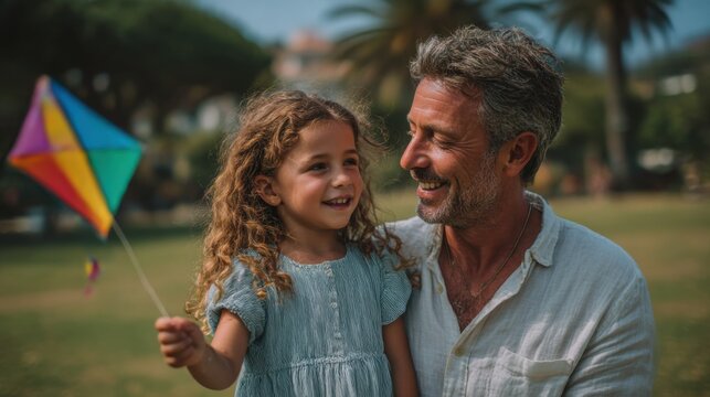 Father enjoys a sunny day flying a colorful kite with his cheerful daughter in a park filled with palm trees - Powered by Adobe