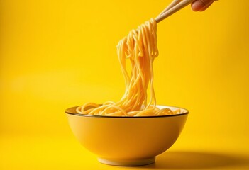 Close-up of chopsticks lifting noodles from a bowl against a vibrant yellow backdrop, bowl, vibrant